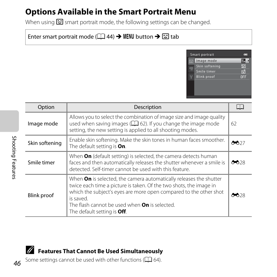 Options available in the smart portrait menu, A 46, Options available in the smart | Portrait menu, A 46) | Nikon Coolpix L810 User Manual | Page 66 / 136