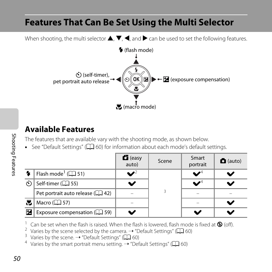 Features that can be set using the multi selector, Available features, Features that can be set using | The multi selector, A 50), “default settings, A 50), “defa, A 50) | Nikon Coolpix L810 User Manual | Page 70 / 136