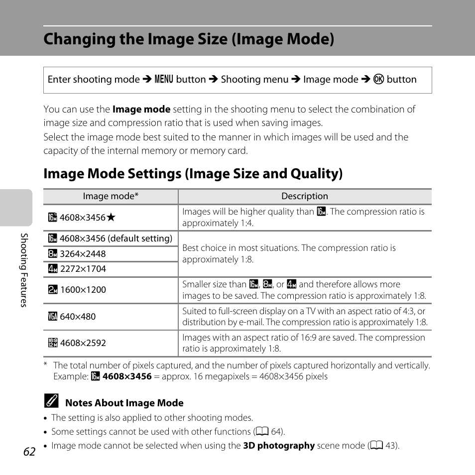 Changing the image size (image mode), Image mode settings (image size and quality), A 62 | A 62) | Nikon Coolpix L810 User Manual | Page 82 / 136