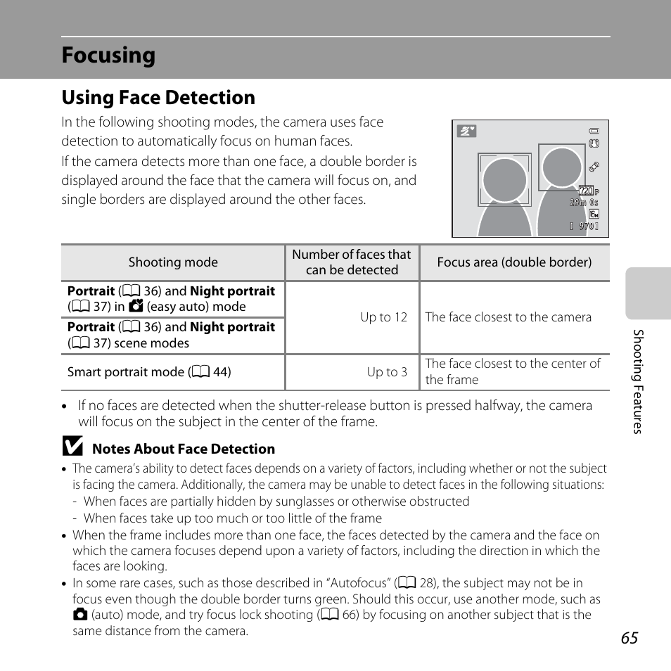 Focusing, Using face detection, See “using face detection | A 65) f, A 65), Notes about face detection, A 65 | Nikon Coolpix L810 User Manual | Page 85 / 136