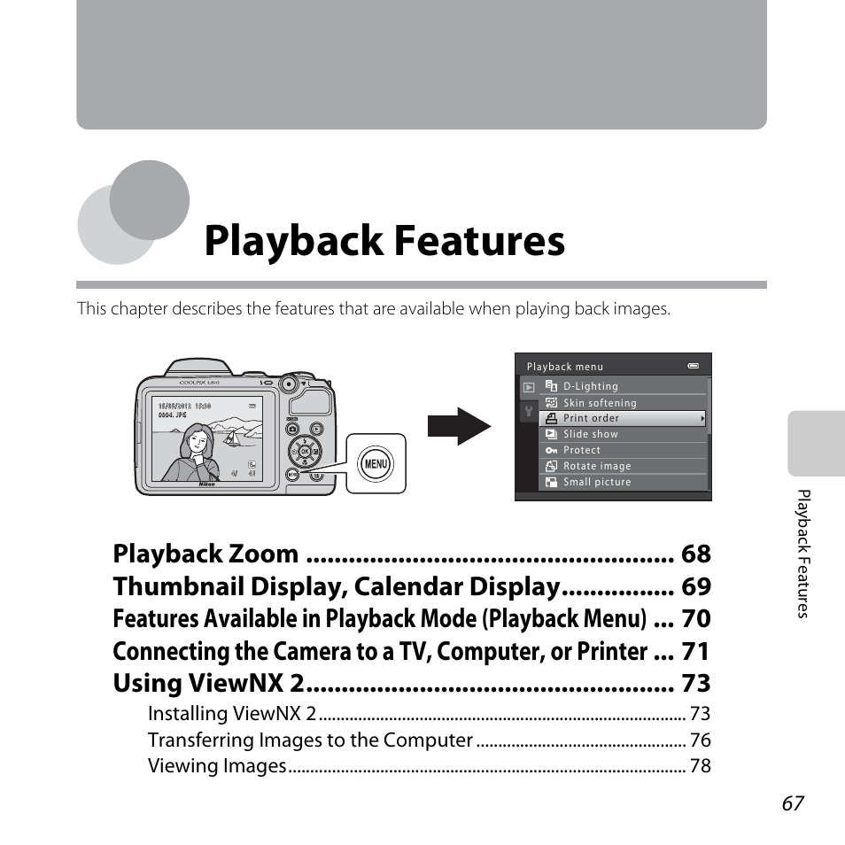 Playback features | Nikon Coolpix L810 User Manual | Page 87 / 136