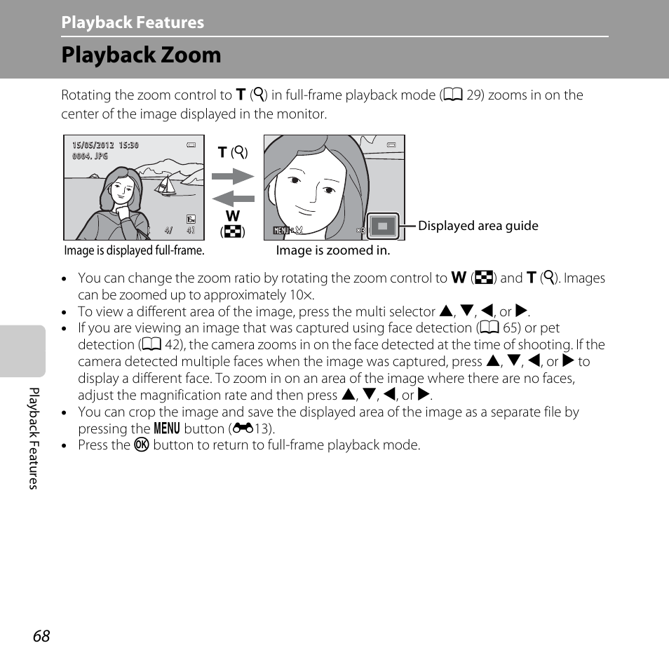 Playback zoom, A 68, Playback features | Nikon Coolpix L810 User Manual | Page 88 / 136