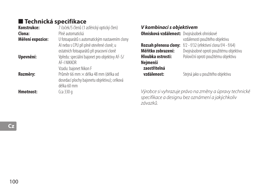 Technická specifikace | Nikon AF-S TC-20E III User Manual | Page 100 / 148