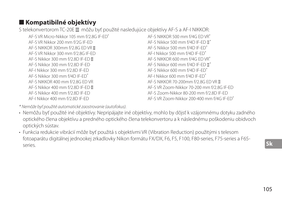 Kompatibilné objektívy, Sk 105 | Nikon AF-S TC-20E III User Manual | Page 105 / 148