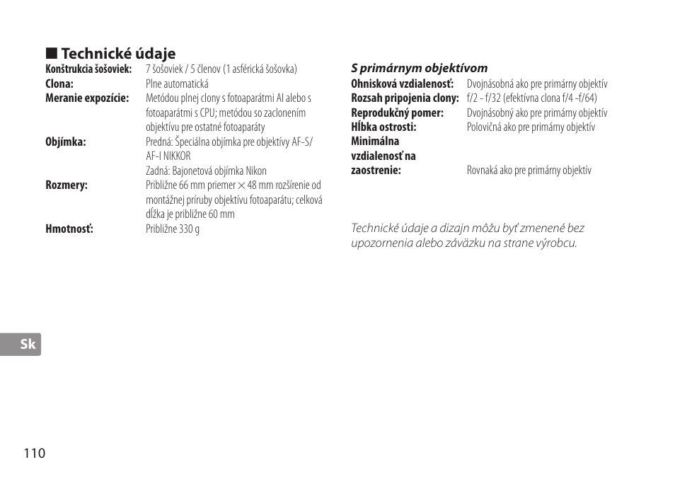 Technické údaje | Nikon AF-S TC-20E III User Manual | Page 110 / 148