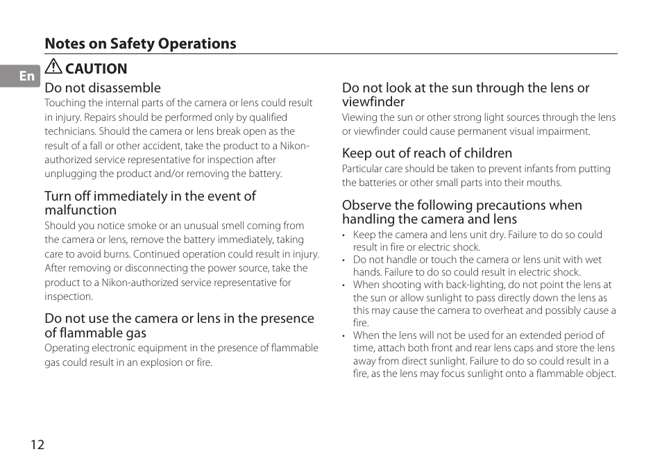 Notes on safety operations, Caution | Nikon AF-S TC-20E III User Manual | Page 12 / 148