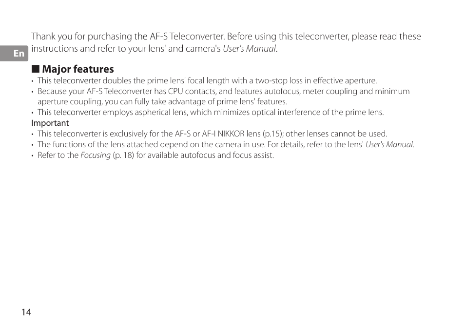 Major features, Important | Nikon AF-S TC-20E III User Manual | Page 14 / 148