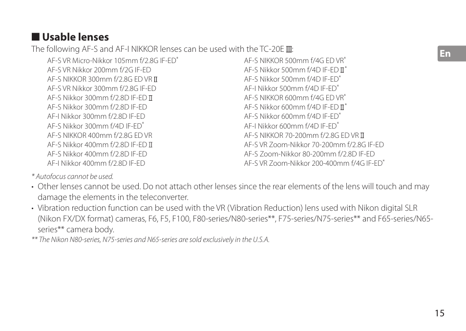 Usable lenses, En 15 | Nikon AF-S TC-20E III User Manual | Page 15 / 148