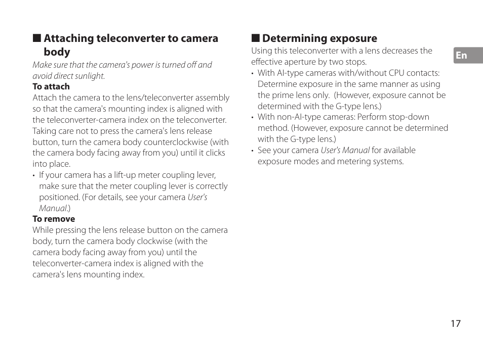 Attaching teleconverter to camera body, To attach, To remove | Determining exposure | Nikon AF-S TC-20E III User Manual | Page 17 / 148