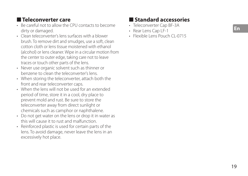 Teleconverter care, Standard accessories | Nikon AF-S TC-20E III User Manual | Page 19 / 148