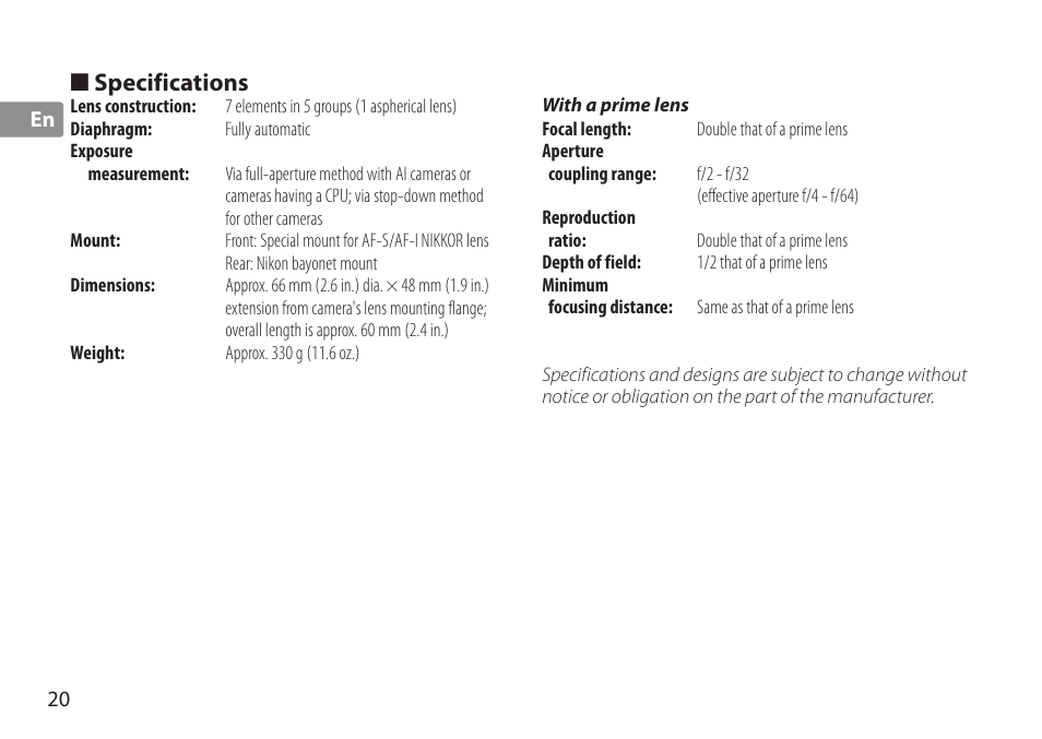 Specifications | Nikon AF-S TC-20E III User Manual | Page 20 / 148