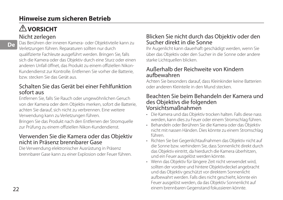 Hinweise zum sicheren betrieb, Vorsicht | Nikon AF-S TC-20E III User Manual | Page 22 / 148