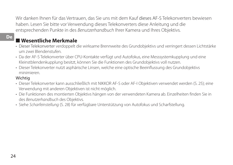 Wesentliche merkmale, Wichtig | Nikon AF-S TC-20E III User Manual | Page 24 / 148