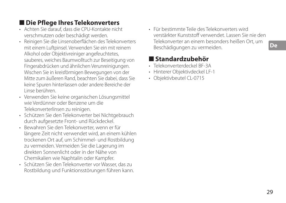 Die pflege ihres telekonverters, Standardzubehör | Nikon AF-S TC-20E III User Manual | Page 29 / 148