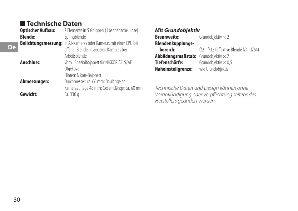 Technische daten | Nikon AF-S TC-20E III User Manual | Page 30 / 148