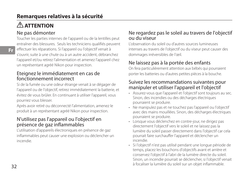 Attention, Remarques relatives à la sécurité | Nikon AF-S TC-20E III User Manual | Page 32 / 148
