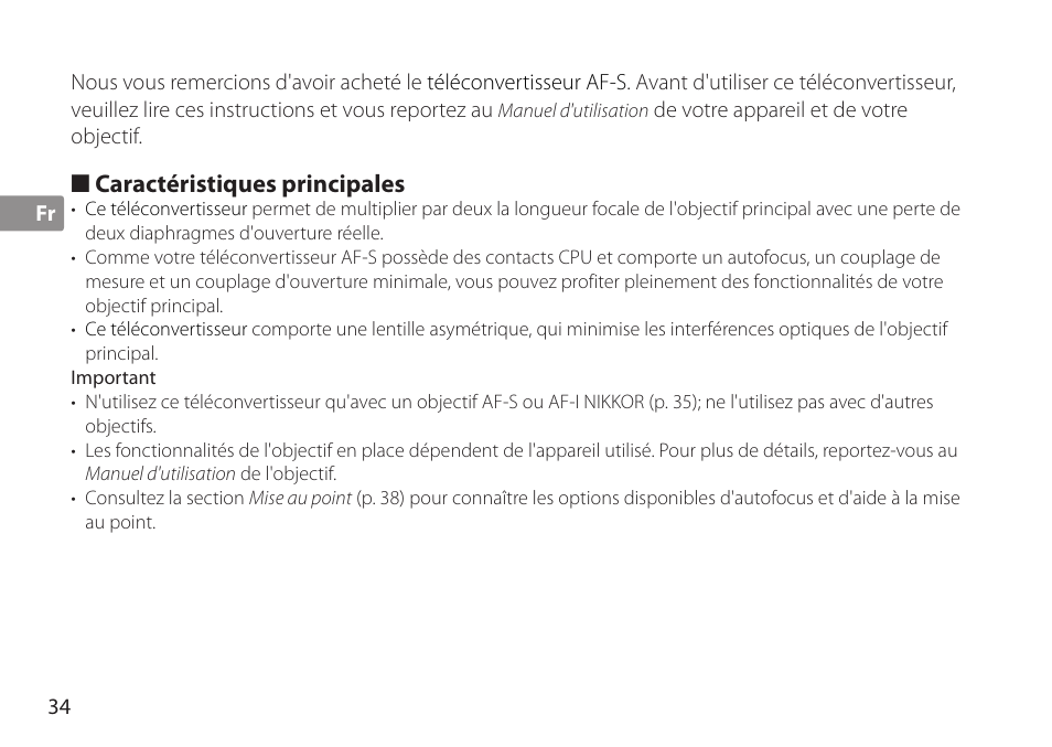 Caractéristiques principales, Important | Nikon AF-S TC-20E III User Manual | Page 34 / 148