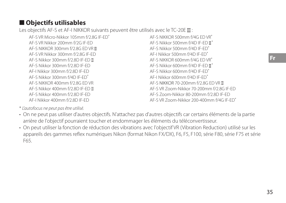 Objectifs utilisables, Fr 35 | Nikon AF-S TC-20E III User Manual | Page 35 / 148