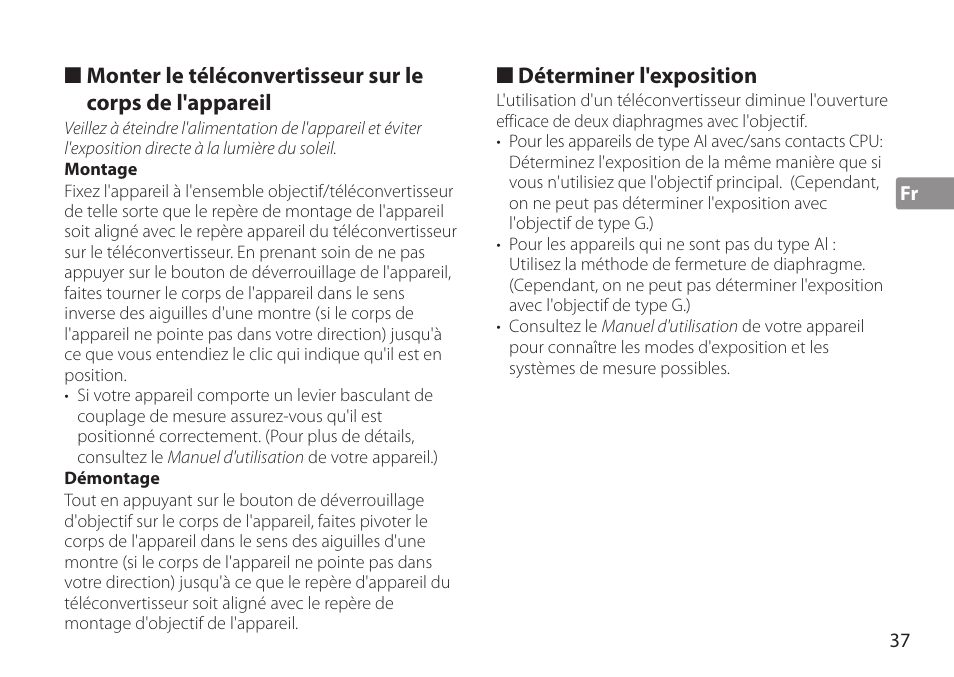 Montage, Démontage, Déterminer l'exposition | Nikon AF-S TC-20E III User Manual | Page 37 / 148