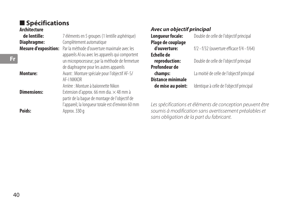 Spécifications | Nikon AF-S TC-20E III User Manual | Page 40 / 148