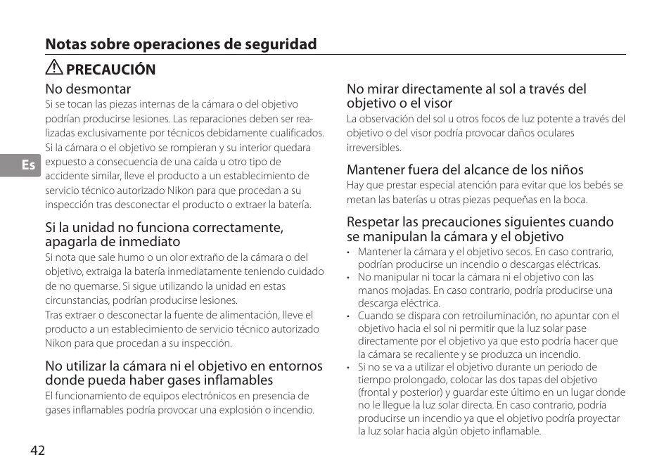 Notas sobre operaciones de seguridad, Precaución | Nikon AF-S TC-20E III User Manual | Page 42 / 148