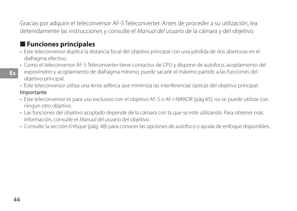 Funciones principales, Importante | Nikon AF-S TC-20E III User Manual | Page 44 / 148