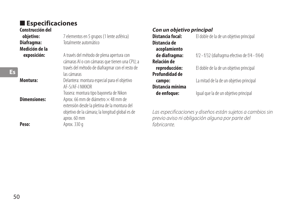 Especificaciones | Nikon AF-S TC-20E III User Manual | Page 50 / 148