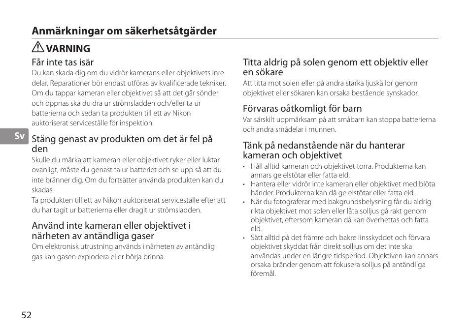 Anmärkningar om säkerhetsåtgärder, Varning | Nikon AF-S TC-20E III User Manual | Page 52 / 148
