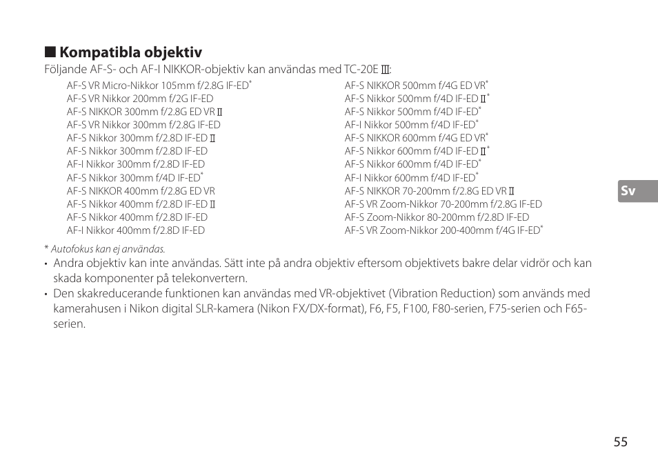 Kompatibla objektiv, Sv 55 | Nikon AF-S TC-20E III User Manual | Page 55 / 148