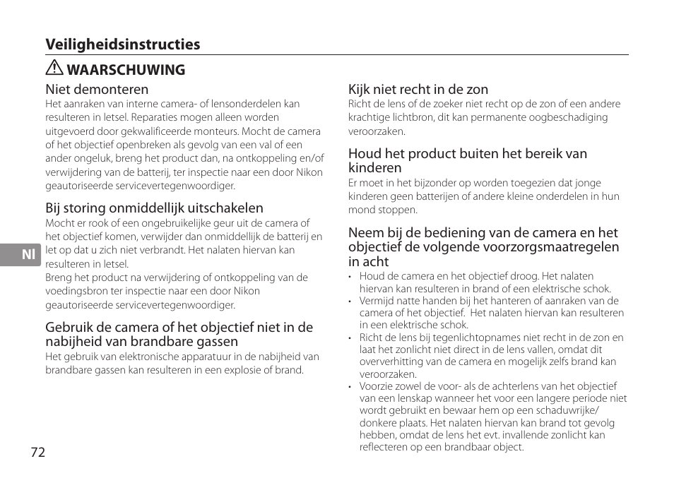 Veiligheidsinstructies, Waarschuwing | Nikon AF-S TC-20E III User Manual | Page 72 / 148