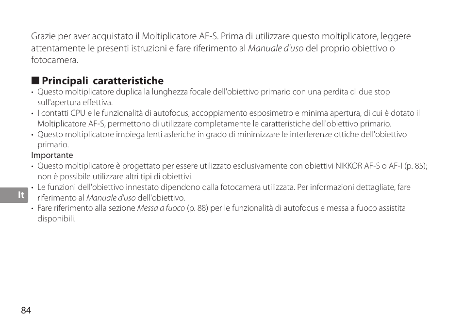 Principali caratteristiche, Importante | Nikon AF-S TC-20E III User Manual | Page 84 / 148