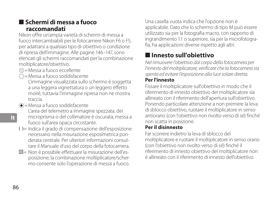 Schermi di messa a fuoco raccomandati, Innesto sull'obiettivo, Per l'innesto | Per il disinnesto | Nikon AF-S TC-20E III User Manual | Page 86 / 148