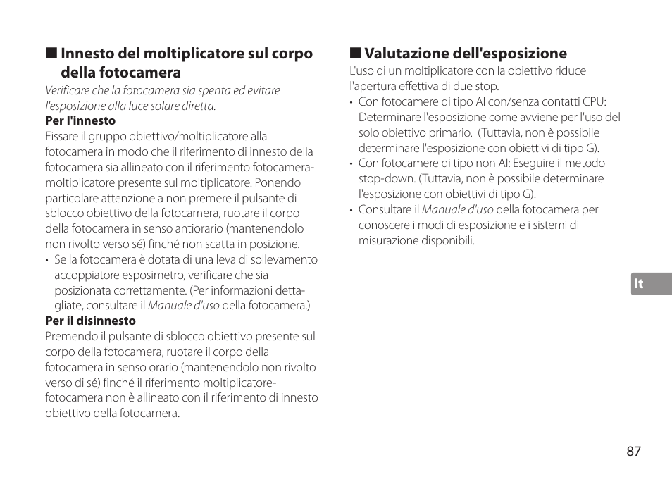 Per l'innesto, Per il disinnesto, Valutazione dell'esposizione | Nikon AF-S TC-20E III User Manual | Page 87 / 148