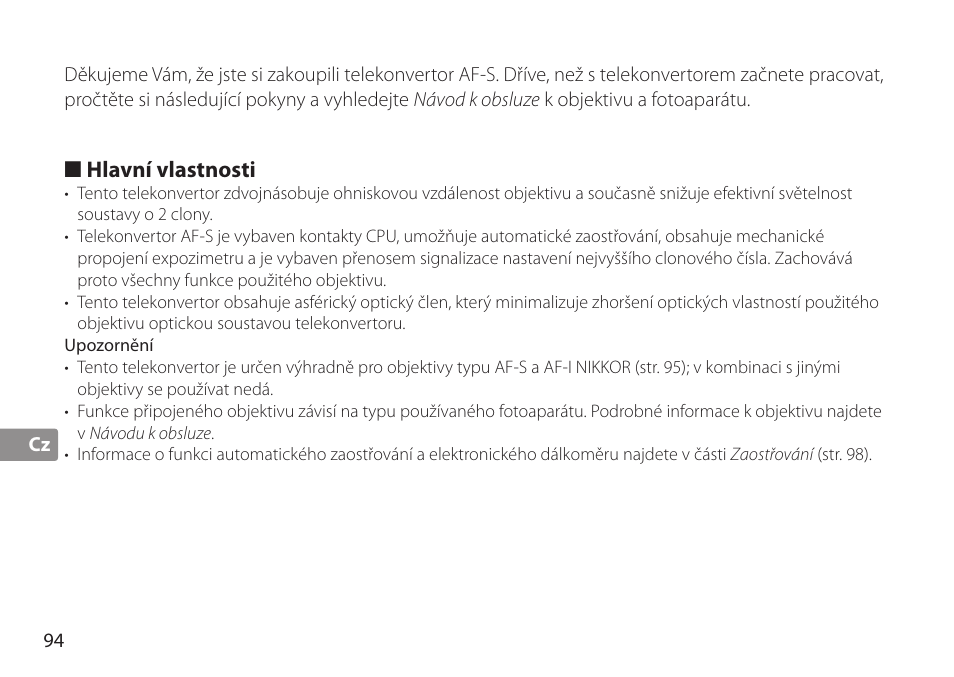 Hlavní vlastnosti, Upozornění | Nikon AF-S TC-20E III User Manual | Page 94 / 148