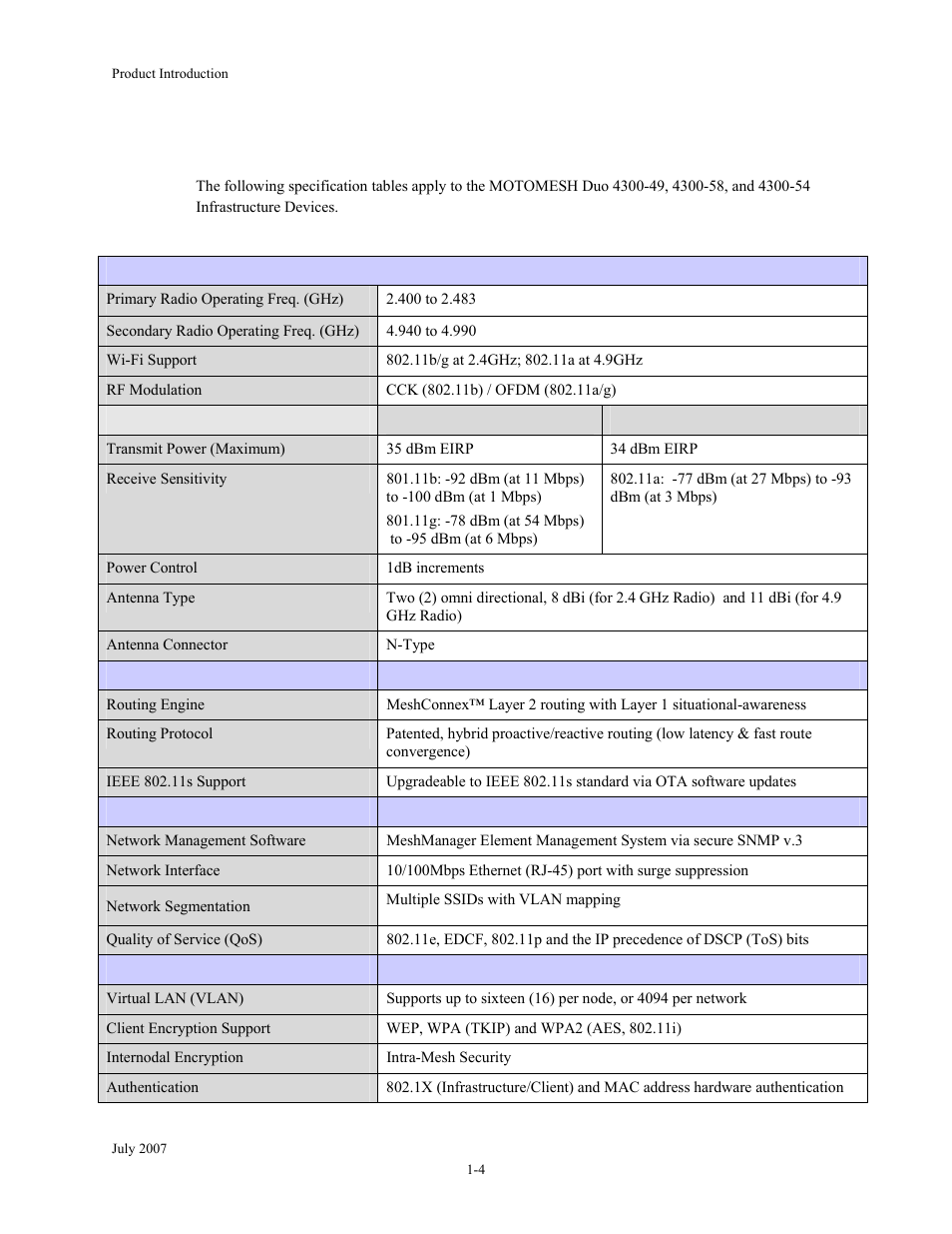 Motomesh duo 4300 device specifications, Motomesh duo 4300 device specifications -4, Table 1-1 | Motomesh duo 4300-49 device specifications -4 | Nikon MOTORMESH 4300 User Manual | Page 16 / 74