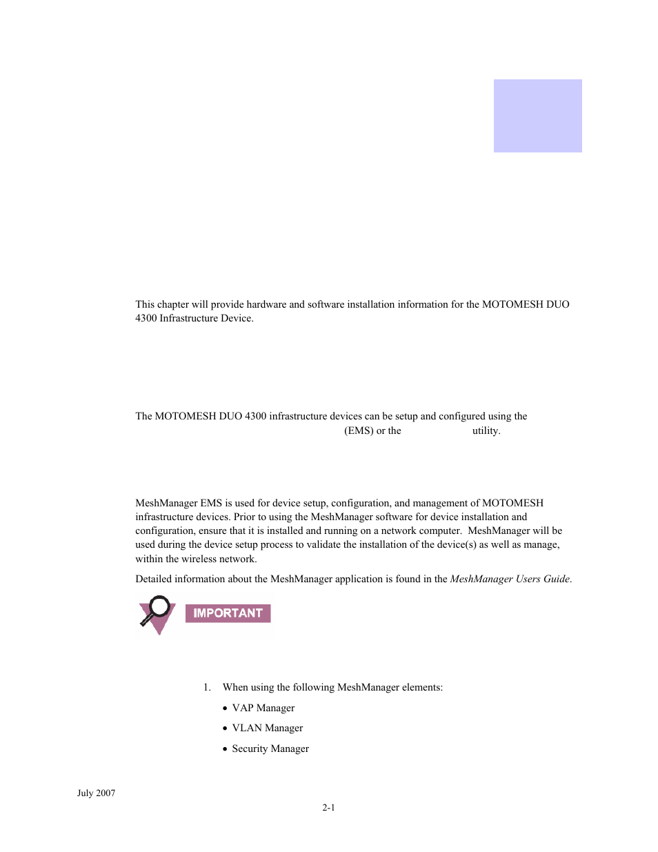 Infrastructure device installation, Software requirements, Meshmanager ems | Chapter 2, Infrastructure device installation -1, Software requirements -1, Meshmanager ems -1, Chapter 2: infrastructure device installation | Nikon MOTORMESH 4300 User Manual | Page 21 / 74