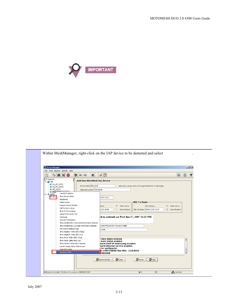 Demoting an iap device to a mwr, Demoting an iap device to a mwr -13, Figure 3-17 | Selecting an iap device to be demoted -13, Procedure 3-2, Demoting an iap to a mwr -13 | Nikon MOTORMESH 4300 User Manual | Page 43 / 74