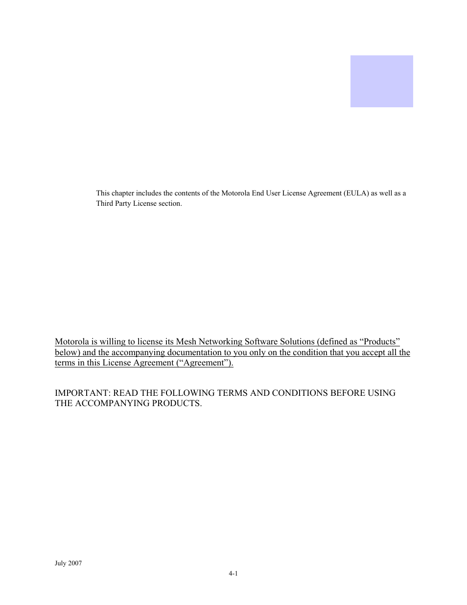 License information, Motorola end user license agreement, Chapter 4 | License information -1, Motorola end user license agreement -1, Chapter 4: license information | Nikon MOTORMESH 4300 User Manual | Page 47 / 74