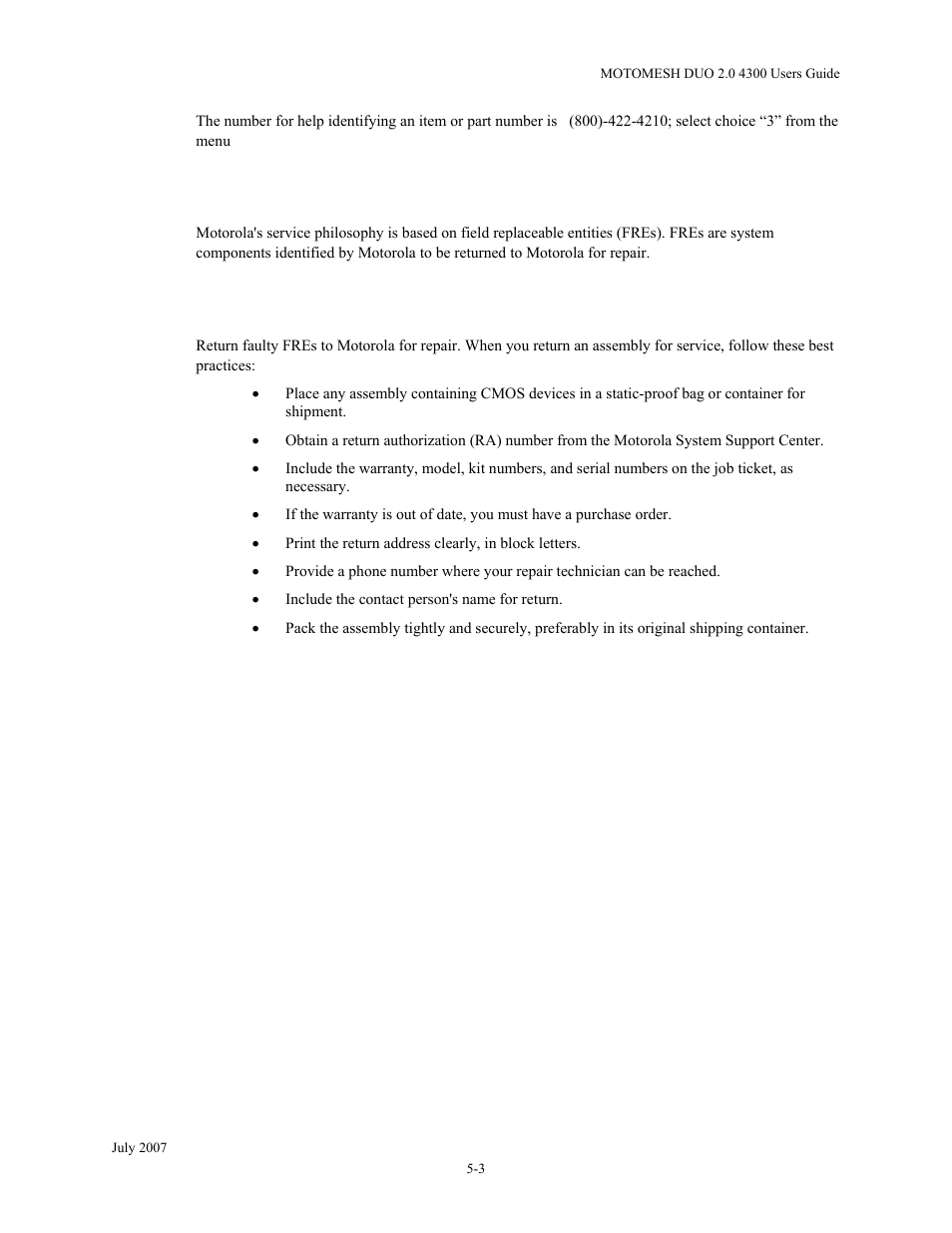 Returning system components to motorola, Returning fres, Returning system components to motorola -3 | Returning fres -3 | Nikon MOTORMESH 4300 User Manual | Page 57 / 74