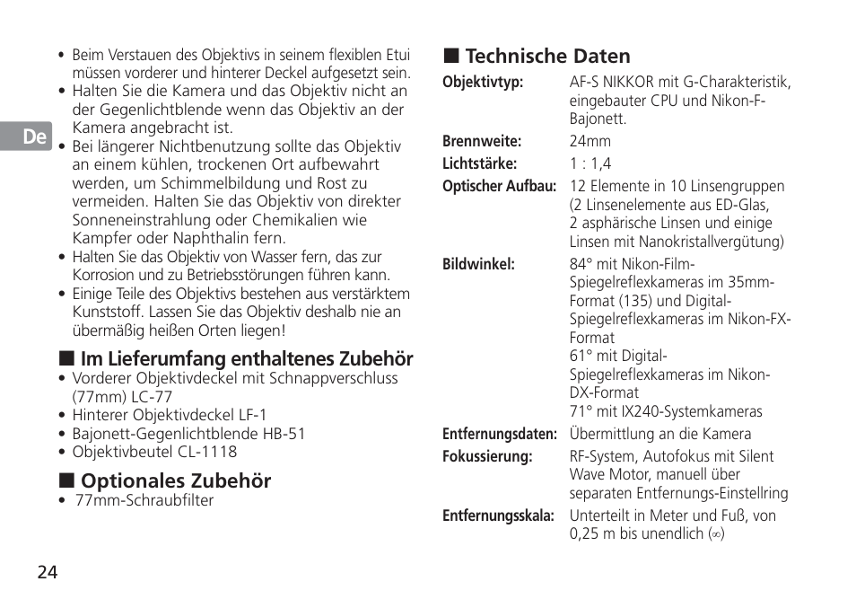 Nikon AF-S Nikkor 24mm f/1.4G ED User Manual | Page 24 / 120