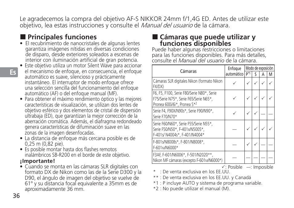 Jp en de fr es se ru nl it cz sk ck ch kr, Cámaras que puede utilizar y funciones disponibles, Principales funciones | Nikon AF-S Nikkor 24mm f/1.4G ED User Manual | Page 36 / 120