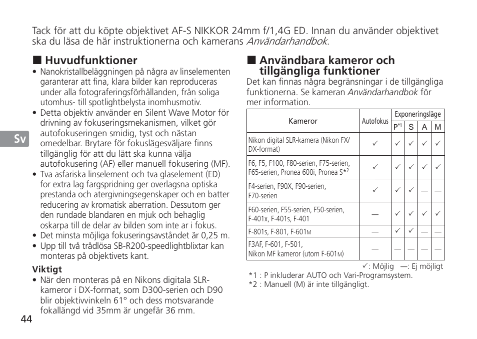 Jp en de fr es sv ru nl it cz sk ck ch kr, Användbara kameror och tillgängliga funktioner, Huvudfunktioner | Nikon AF-S Nikkor 24mm f/1.4G ED User Manual | Page 44 / 120