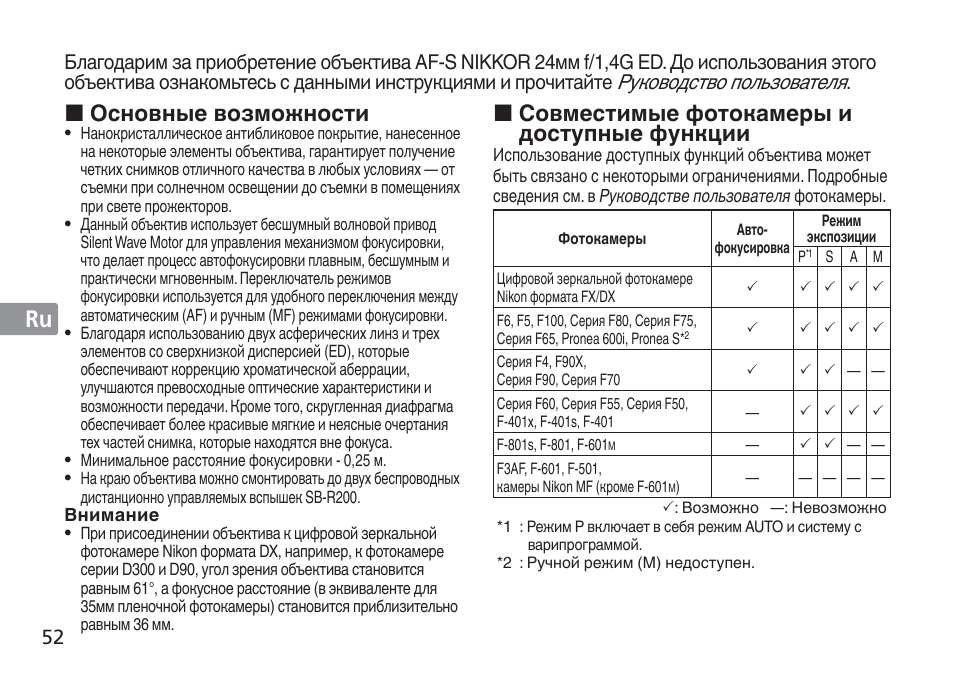 Jp en de fr es se ru nl it cz sk ck ch kr, Совместимые фотокамеры и доступные функции, Основные возможности | Руководство пользователя | Nikon AF-S Nikkor 24mm f/1.4G ED User Manual | Page 52 / 120