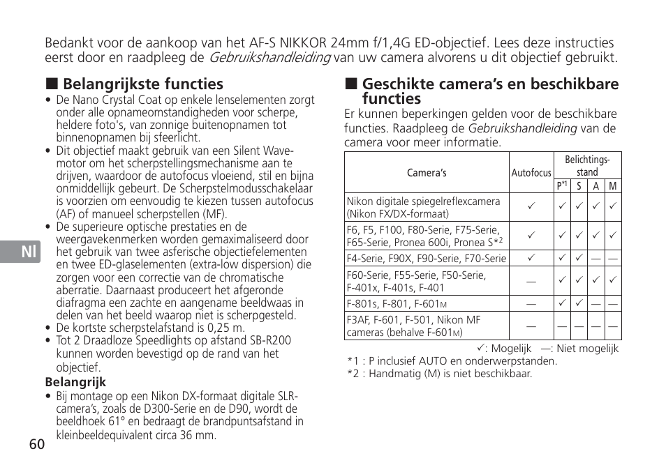 Jp en de fr es se ru nl it cz sk ck ch kr, Geschikte camera’s en beschikbare functies, Belangrijkste functies | Nikon AF-S Nikkor 24mm f/1.4G ED User Manual | Page 60 / 120