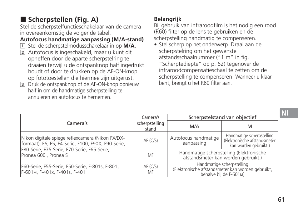 Jp en de fr es se ru nl it cz sk ck ch kr, Scherpstellen (fig. a) | Nikon AF-S Nikkor 24mm f/1.4G ED User Manual | Page 61 / 120
