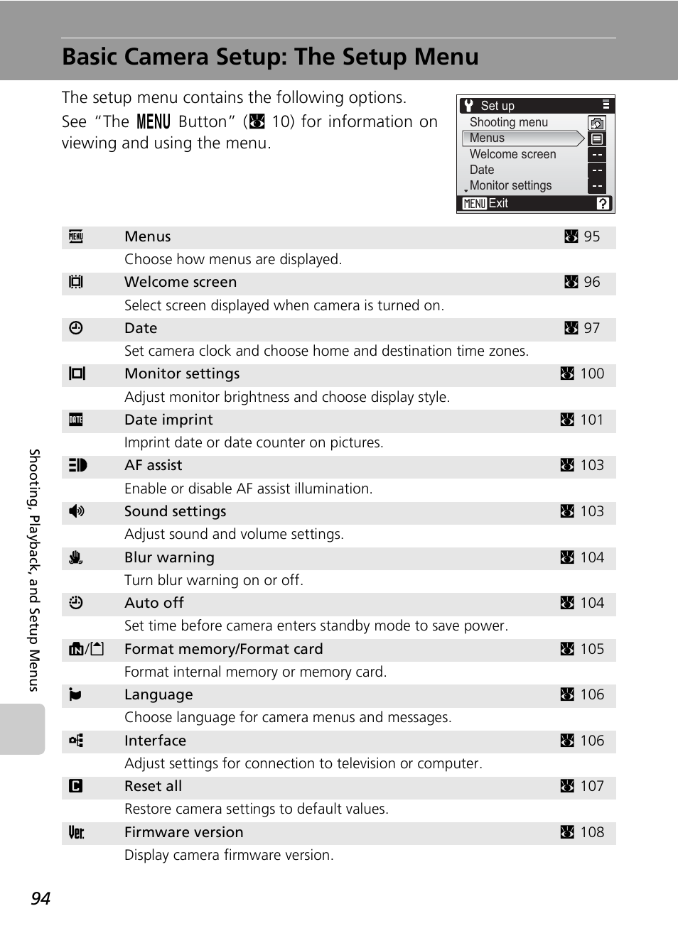 Basic camera setup: the setup menu | Nikon COOLPIX S9 User Manual | Page 106 / 142