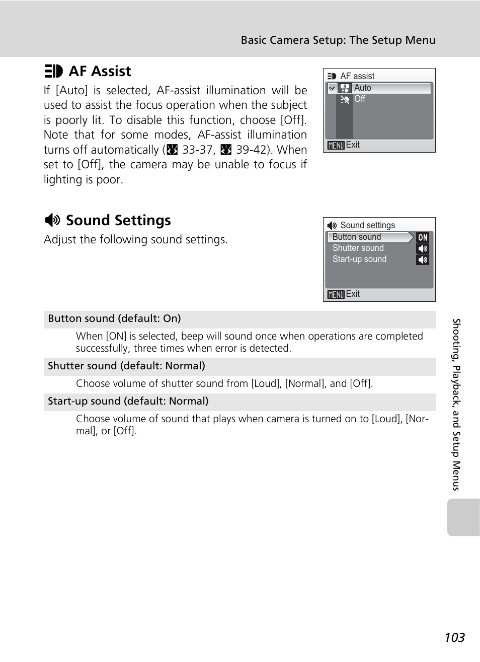 Uaf assist, Hsound settings | Nikon COOLPIX S9 User Manual | Page 115 / 142