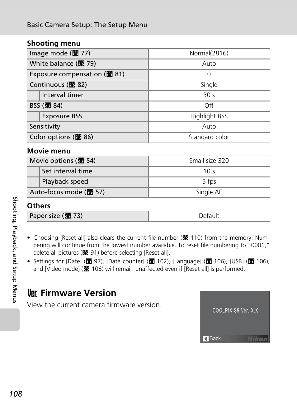 Bfirmware version | Nikon COOLPIX S9 User Manual | Page 120 / 142