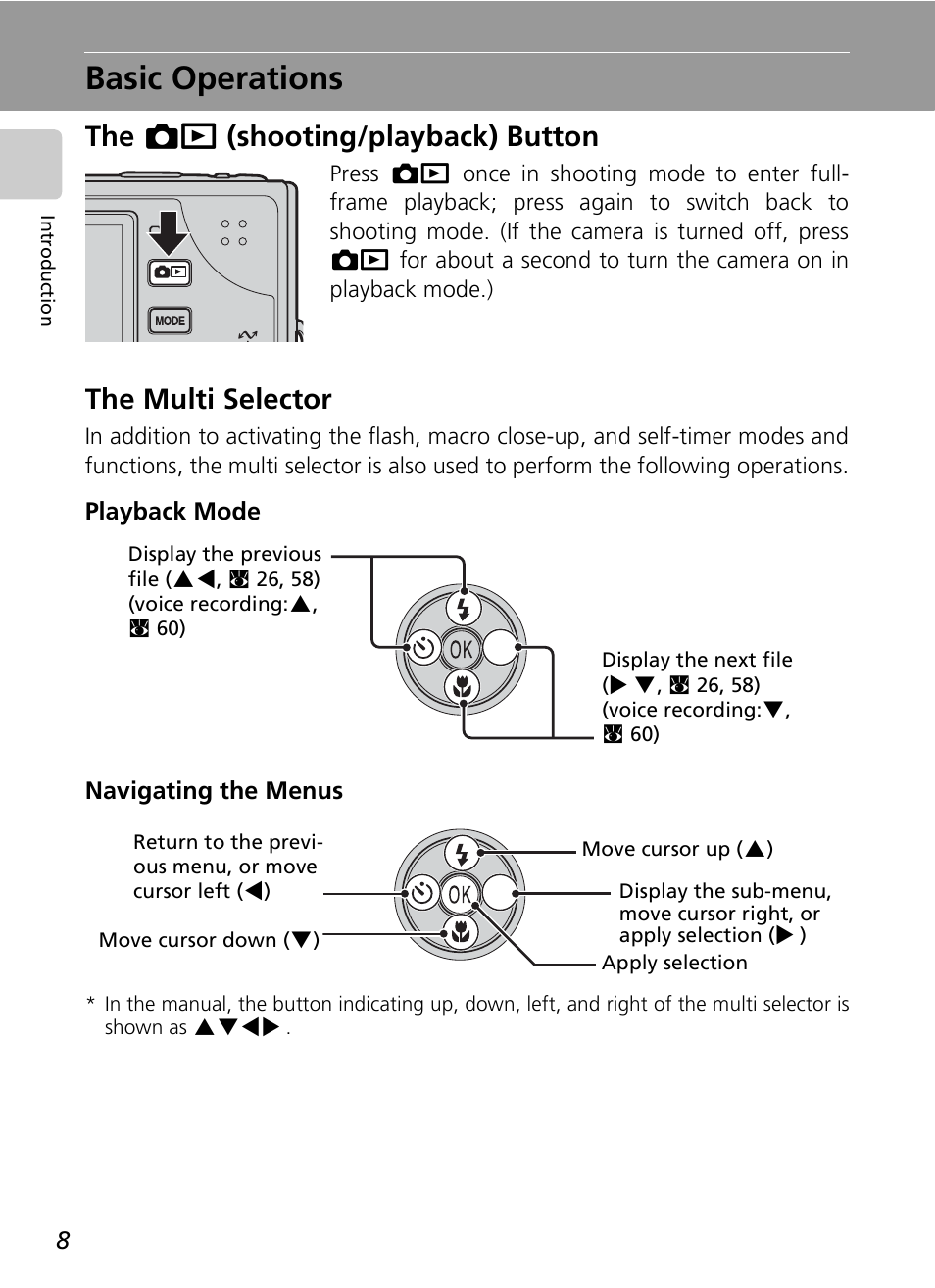 Basic operations, The o (shooting/playback) button, The multi selector | Nikon COOLPIX S9 User Manual | Page 20 / 142