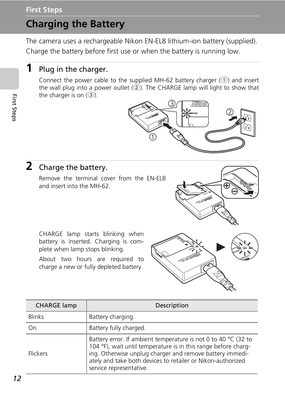 Charging the battery | Nikon COOLPIX S9 User Manual | Page 24 / 142